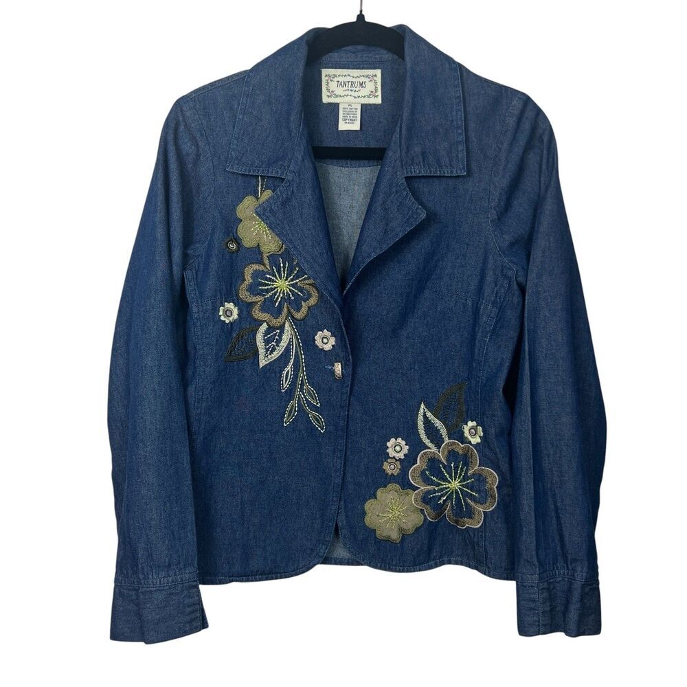 Tantrums Women's PS Blue Denim Floral Embroidered Beaded Blazer Jacket Cotton - Picture 14 of 14